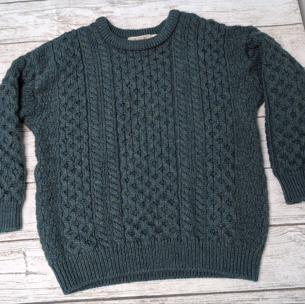 Aran Sweater Market 100% Wool Green Fisherman Sweater Size XL
